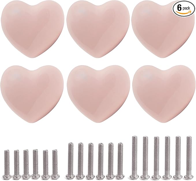 Ceramic Drawer Knobs Heart Shape Cabinet Dresser Pulls Handles with 3 Sized Screws, Kitchen Furniture Knobs for Closet Cupboard Wardrobe (6, Powder Pink)