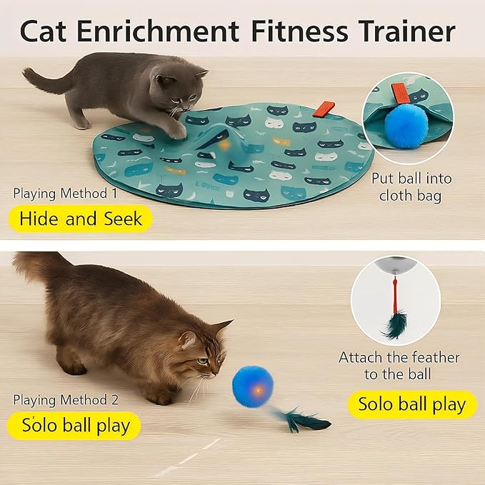 Interactive Cat Toys, Play Mat with Automatic Motion Balls, LED Lights, Bird Chirping Sound, 3 Speed Levels, Indoor Enrichment, Cat Pattern Design-Mewly Pet