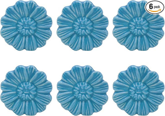 6PCS Vintage Floral Daisy Ceramic Dresser Drawer Knobs Elegant Cabinet Cupboard Door Hardware Pull Handles w/Screws Aqua Blue