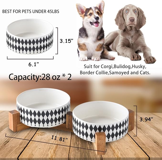 Petygooing Ceramic Dog Cat Bowl Set with Stand, Pet Food and Water Dishes,Small Dog Bowls Anti-Slip Set of 2 Cat Bowls-Pet Food Bowl- Pet Dish Small Medium Size Pet (28OZ/6.1 in) Black Rhombus-Mewly Pet