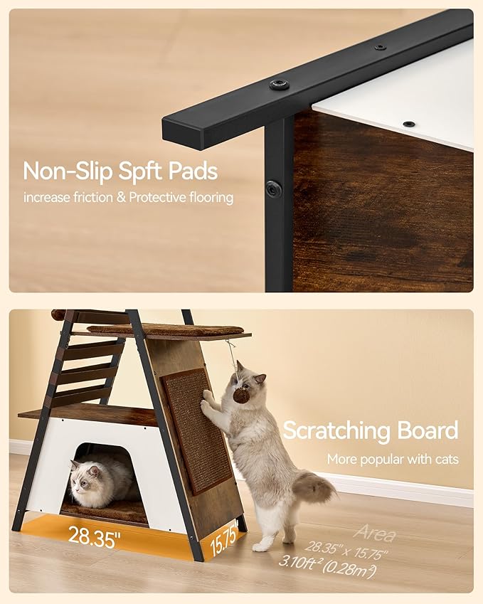 FourFurPets 72.4" Modern Cat Tower for Indoor Cats - Multi-Level Condo With Caves, Tall Tree With Scratching Board, Wooden Tower With Large Perch, Removable Pads, Rustic Brown-Mewly Pet