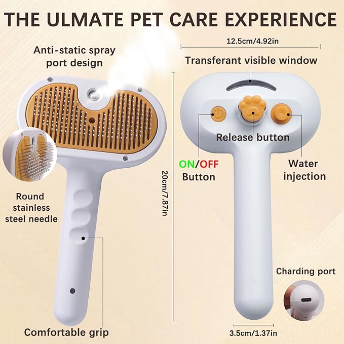 Pet Steam Brush for Dogs and Cats - 4-in-1 Spray Detangling Comb - Steam Detangling and Grooming - Water Brush for Long and Short Haired Pets - Includes Waterless Shampoo and Comb-Mewly Pet
