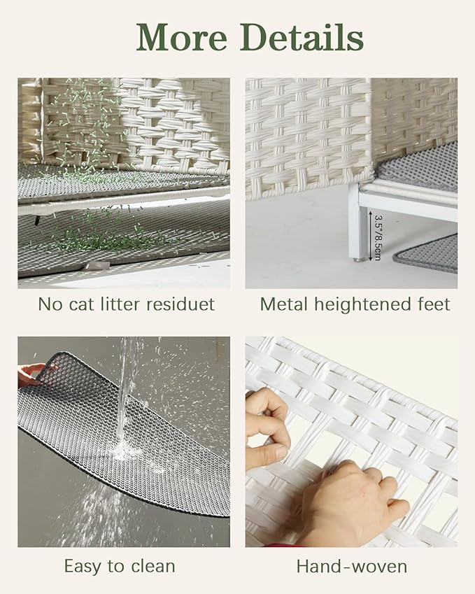 Cat Litter Box Enclosure Hidden Litter Box Furniture with Metal Heightened Feet, Rattan Handwoven Cat House with Litter Mat, Hidden Litter Box Furniture for Bedroom Living Room White-Mewly Pet