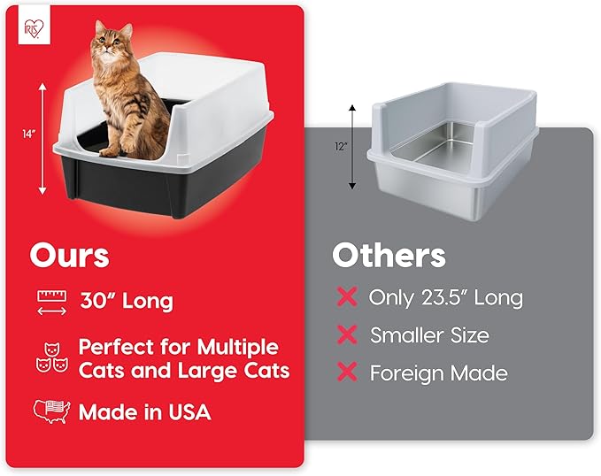 IRIS USA XX-Large Cat Litter Box, Open Top Extra Large Litter Box for Big Cats and Multi-Cat Households, High Sided Scatter Shield, Easy to Clean, 30" L x 20" W x 14" H, Black-Mewly Pet
