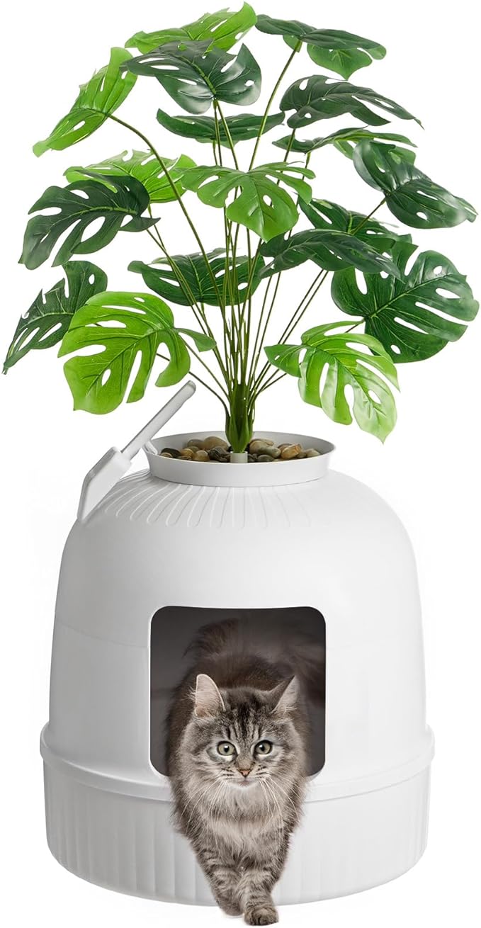 Lifewit Litter Box Cat with Faux Plant & Scoop, Hidden Enclosure Litter Tray with Odor Control & Carbon Filter in Living Room, Bedroom, Corner, White-Mewly Pet