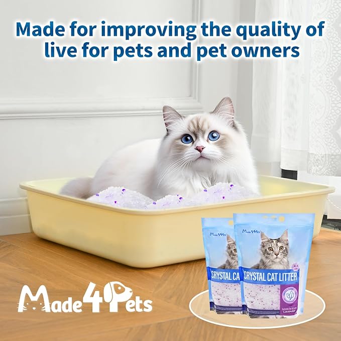 Made4Pets Cat Litter Crystals, Non Clumping Cat Litter Odor Control Kitty Litter Non Clumping No scooping Low Dust, Low Tracking, Lightweight, Dehydrates Waste, Lavender – 8.6 lbs (2 x 4.3 lb Packs)-Mewly Pet