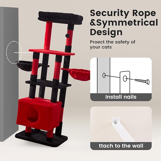 Gardner Pet 65in Heavy Duty Cat Tree Tower for Large Cats, Multi-Level Cat Furniture with Replaceable Sisal Scratching Post, Hammock | Extra-Large Platform & Condo (Black Red, Basic φ:2.84")-Mewly Pet