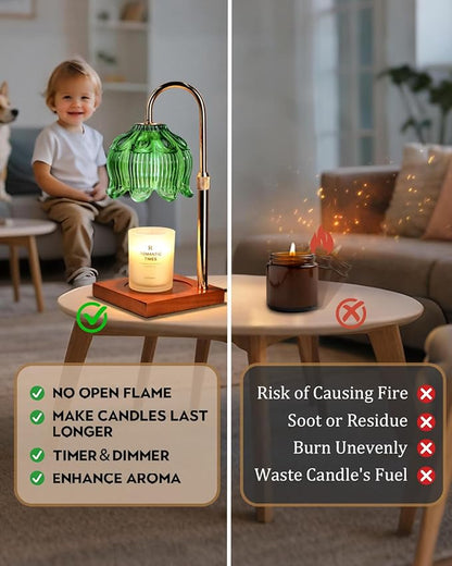 Green Candle Warmer Lamp with Timer & Dimmer, Candle Lamp Warmer Adjustable Height, Gifts for Women Mom Birthday Christmas, House Warming New Home Bedroom Decor,Lotus Flower Wax Warmer for Jar Candles