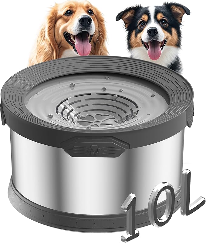 10L Dog Water Bowl No Spill 2.6 Gallon Super Large Capacity Stainless Steel No Splash Dog Bowls 338oz Slow Drinking Feeder with Non-Slip Base Pet Water Dispenser for Dogs-Mewly Pet