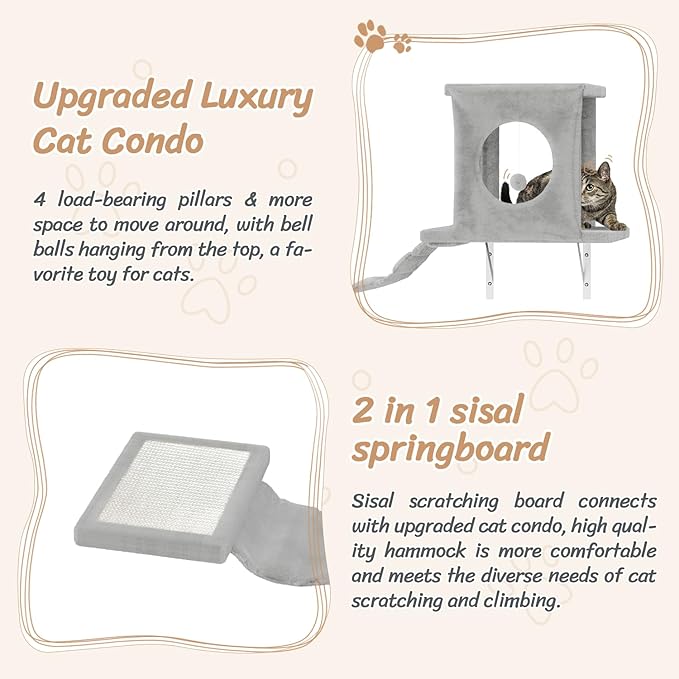 NUNU LAB Wall Mounted Cat Furniture, 7 Pcs Cat Wall Shelves with House, Tunnel, Bridge, Steps, Scratcher, Hammock, Bed, Indoor Safe & Stable Furniture for Kittens Play, Gray-Mewly Pet
