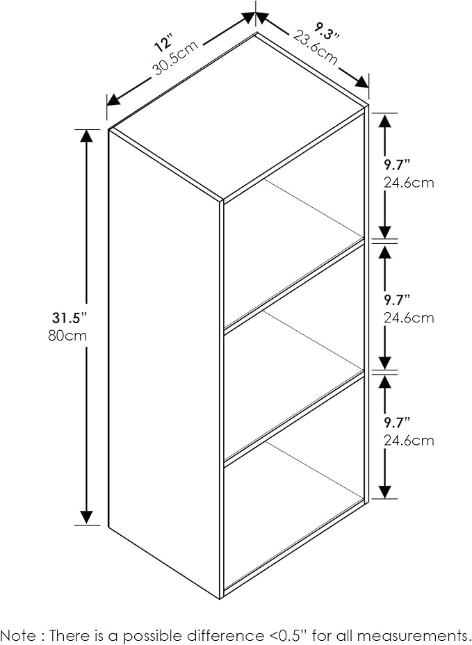 Furinno LUDER Book Shelf, 3-Cube Bookshelf, Bookcase, 9.3" x 12" x 31.5", for Living Room, Bedroom, Home Office, Blackwood