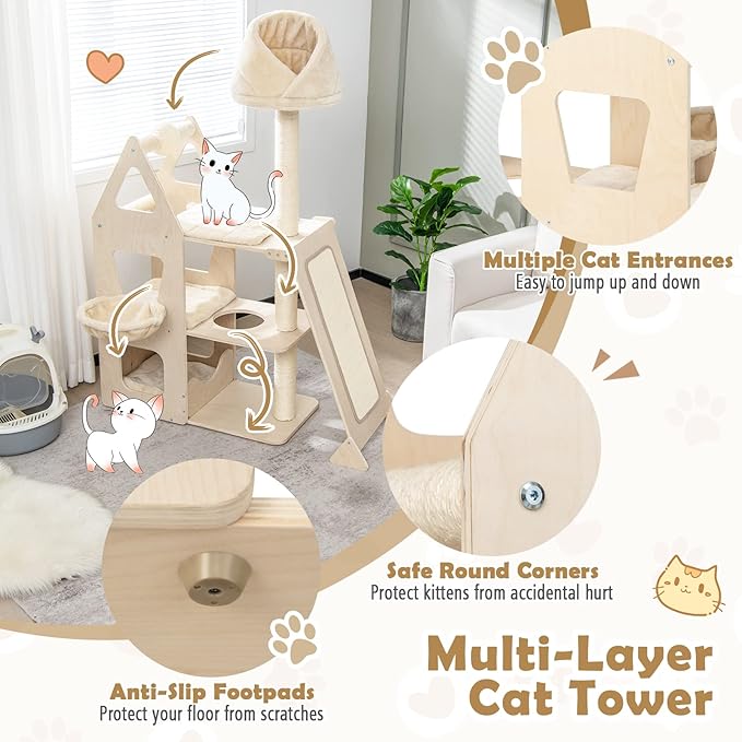 Tangkula Modern Wood Cat Tree for Indoor Cats, 64 Inch Multi-Level Tall Cat Tree with Scratching Rotatable Ball & Posts, Sisal Ramp, Hanging Basket, Large Cat Tower with Plush Perch, Washable Mats-Mewly Pet