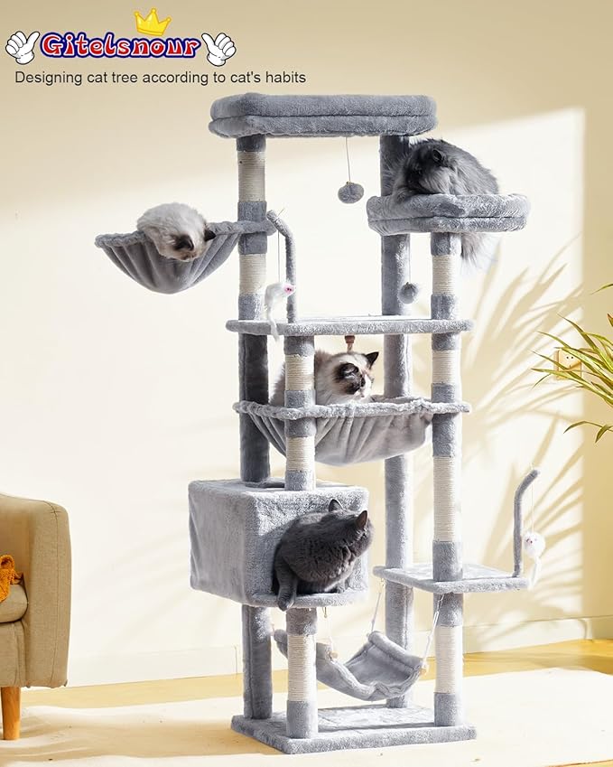 Cat Tree, Cat Tower for Large Cats with 2 Big Platforms, 2 Baskets, condo and Toys, 63" Cat Scratching Posts for Indoor Cats, Light Gray GCT020W-Mewly Pet