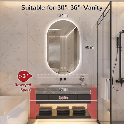 40" x 24" Oval LED Mirror for Bathroom, Backlit Vanity Mirror with Lights, Frameless Smart Wall Mirror, 3 Colors Stepless Dimmable, Anti-Fog, Shatterproof, Memory, CRI95+(Horizontal/Vertical)
