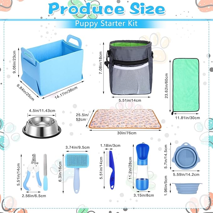 65 Pcs Puppy Supplies Starter Kit Small Dog Essentials Includes Dog Leash, Toys, Bowl, Brushes, Water Bottles, pet Blankets Puppy Accessories for New Welcome Gift Supplies(Cool,Blue)-Mewly Pet