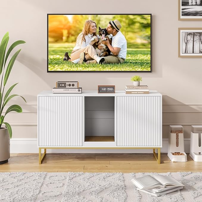 Litter Box Enclosure for 2 Cats, Fluted Hidden Cat Litter Box Furniture with Scratch Pad and Metal Legs, Modern Double Room Kitty House for Living Room, Washroom, 47.2”L x 17.7”W x 25.9”H, White-Mewly Pet