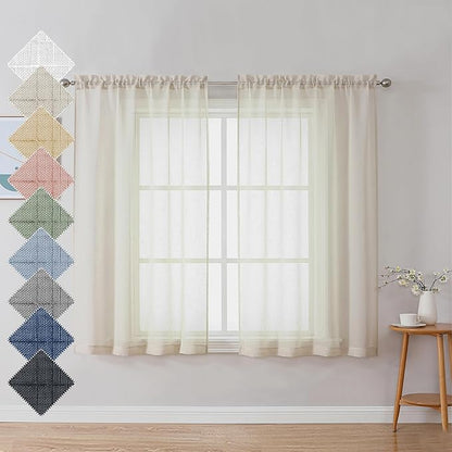 Aiyufeng Faux Linen Sheer Curtains 45 Inch Length 2 Panels, Short Linen Curtains for Kitchen, Small Window Curtains Window Treatment Privacy with Light Filtering for Cafe/Bathroom, Each 30Wx45L Inch