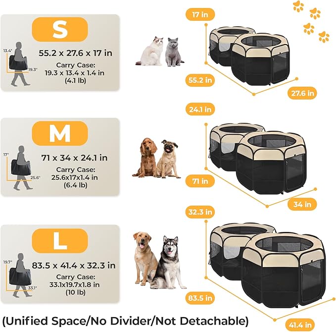 EighteenTek 2-in-1 Pop Up Cat Playpen, Assembly-Free Dog Puppy Pet Playpen, Indoor Outdoor Cats Enclosed, Cat Tent House Crate Cage, Portable & Foldable Playpen for Kittens(No Divider, Unified Space)-Mewly Pet