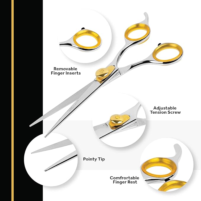 Sharf Gold Touch Pet Grooming Shear | Straight Cat & Dog Grooming Scissors | 6.5 Inch | 440c Japanese Stainless Steel Pet Dog Shearing Scissors | Animal Shears with Removable Comfort Rings-Mewly Pet
