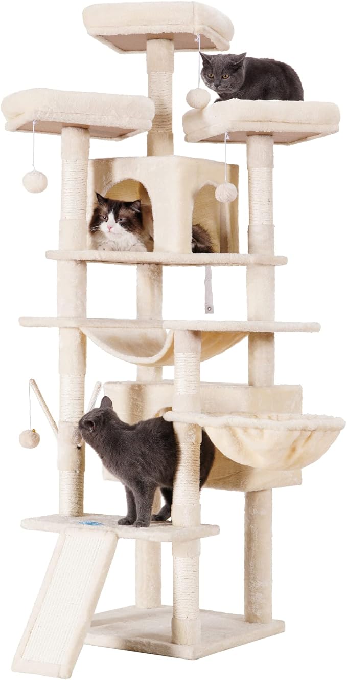 Hey-brother Cat Tree, 71 inches XL Large Cat Tower for Indoor Cats, Multi-Level Cat House with 3 Padded Perches, Big Scratcher, Cozy Basket, 2 Cat Condos and Scratching Posts, Beige MPJ034M-Mewly Pet
