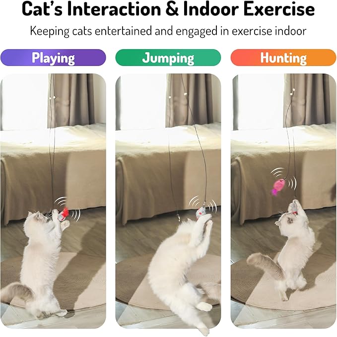 Hanging cat Toys mice with Squeaky Sound 3PCS, Retractable Teaser Toy, Interactive cat Toys for Indoor Bored Kitten Self Play Chase Exercise, Mental Physical Stimulation for All Breeds-Mewly Pet
