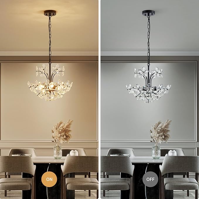 WUZUPS Crystal Chandelier Pendant Flushmount Ceiling Light Modern Lighting Fixture for Bedroom Hallway Bar Kitchen Bathroom, H 15.7" x W 17.7", Black, E12 Base