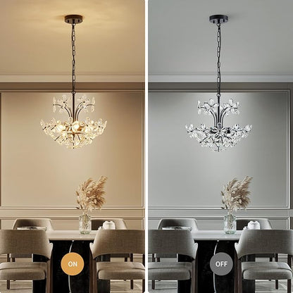 WUZUPS Crystal Chandelier Pendant Flushmount Ceiling Light Modern Lighting Fixture for Bedroom Hallway Bar Kitchen Bathroom, H 15.7" x W 17.7", Black, E12 Base