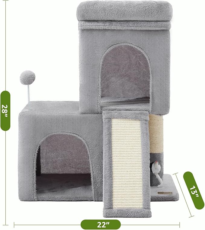 24inch Tall cat Tree with 2 cat condo and Mouse Toy Cozy Small cat Tower with Scratching Post and Board for Kitties and Small Cats.（Light Grey）-Mewly Pet