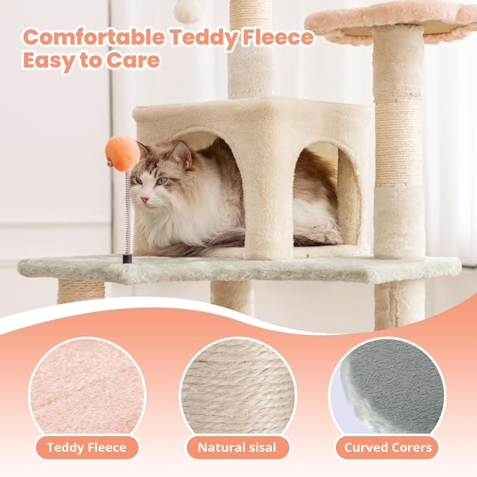HYABi 59 Inch Flower Cat Tree Tower - Multi-Level Cat Condo with Plush Scratching Posts, Toy Balls, and Pet House, Indoor Play Platform for Large Adult Cats, Stylish Color Design-Mewly Pet