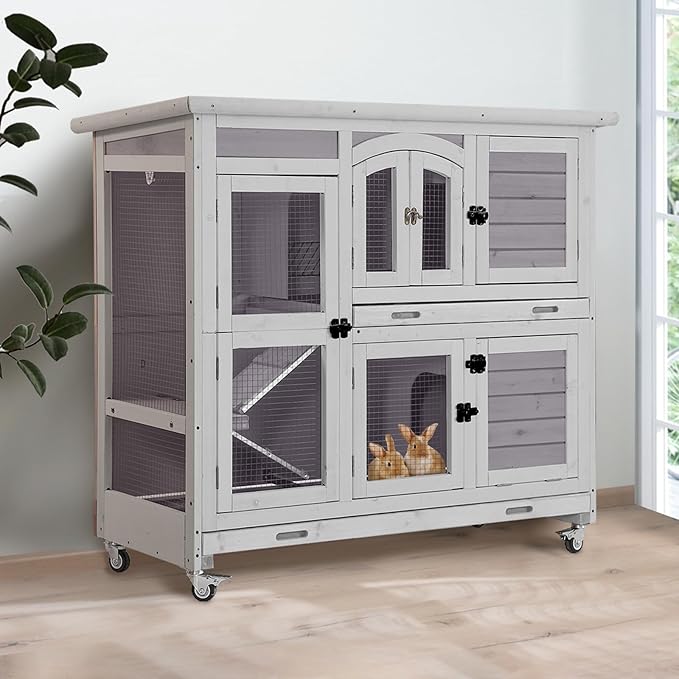 GUTINNEEN Large Rabbit Hutch Indoor with Chew-Proof Ramp, 47" Wooden Bunny Cage Guinea Pig Cages with Casters, Leak-Resistant Trays for Rabbits, Guinea Pigs, Small Animals-Mewly Pet