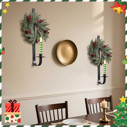 2 Set Christmas Metal Wall Candle Sconce Holder Wall Mount Candle Holder with Berry Wreath for Farmhouse Living Room Entryway Fireplace Bedroom Bathroom Decor, Only Applicable to LED Candles
