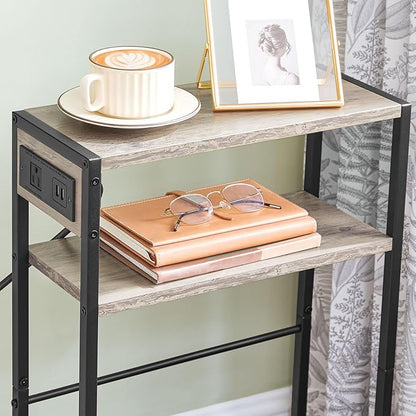 HOOBRO Small Narrow Side Table with Charging Station, Skinny End Table for Small Spaces, Slim Nightstand with USB Ports Outlet, Sofa Beside Table with Storage Shelf, Greige and Black BG102UBZ01