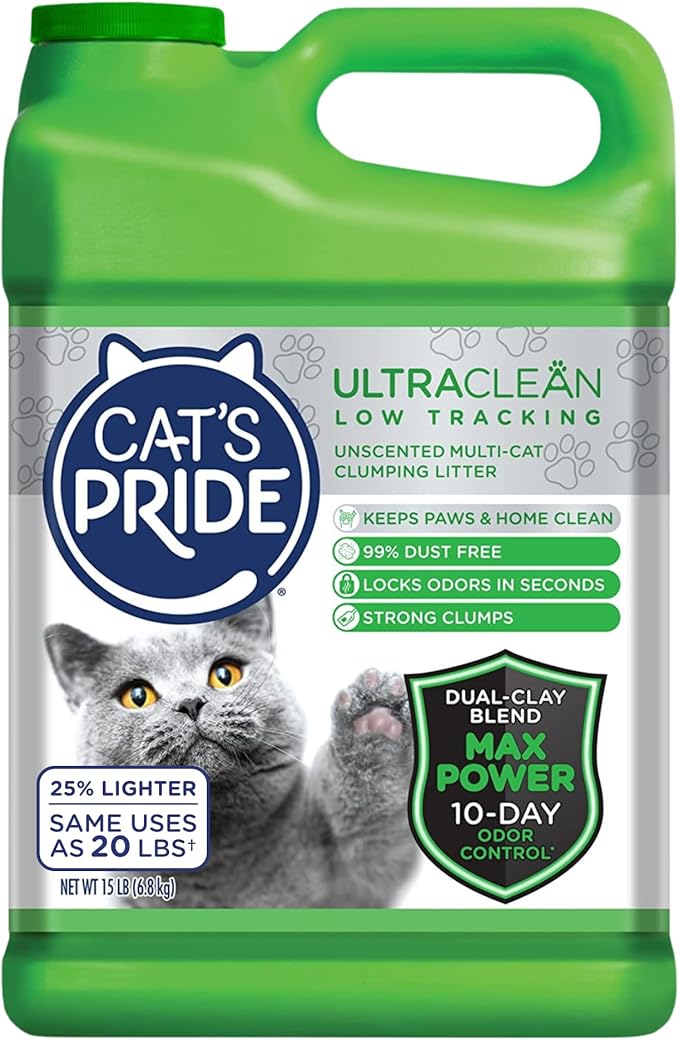 Cat's Pride Max Power: UltraClean Low Tracking Multi-Cat Clumping Litter - Keeps Paws & Home Clean - Up to 10 Days of Powerful Odor Control - 99% Dust Free - Unscented, 15 Pounds-Mewly Pet