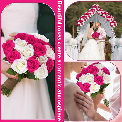 72 Pcs Hot Pink, White Artificial Roses, Bulk Fake Silk Flowers for Wedding Arch, Centerpieces, Vase Filler, Party Decor (36 Pink + 36 White)