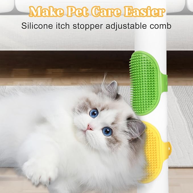 4Pcs Adjustable Cat Self Groomer, Silicone Cat Brushes for Indoor Cats Grooming Self Cleaning, Cats Face Scratchers Massager for Corner Scratcher, Pet Supplies (Green & Yellow)-Mewly Pet