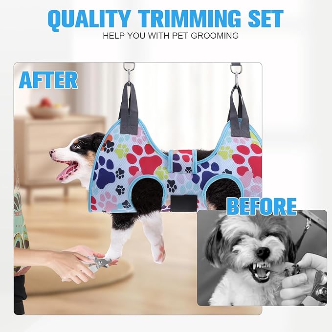 PAWCHIE Dog Grooming Hammock Harness for Dogs & Cats with Pet Nail Clipper Trimmer - Cat Hanger Sling for Trimming Clipping Nails- Dog Hammock Restraint Bag for Small Medium Large Dog, Blue S-Mewly Pet