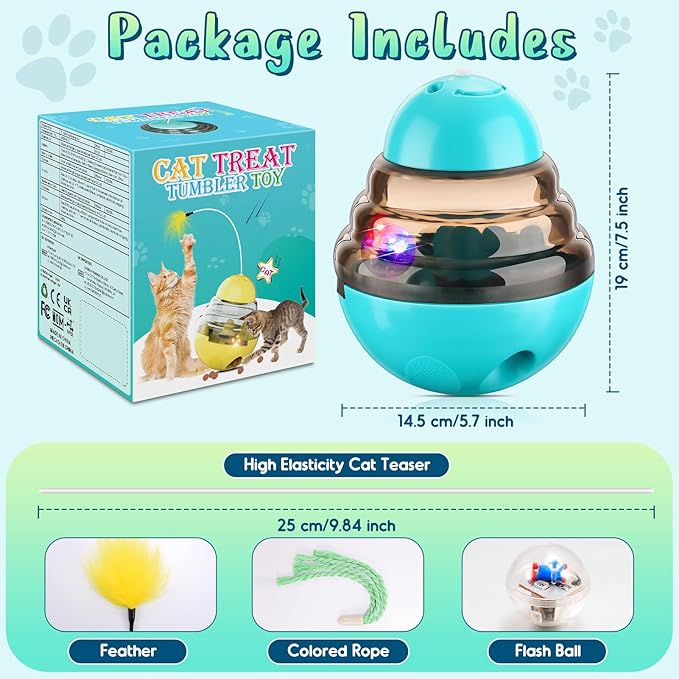 Tumbler Cat Toys for Indoor Bored Cats,Fun Wand Toy and Feather Toys Slow Feeder with Flash Ball,Cat Toys for Indoor Cats to Loss Weight and Exercise Feeding Pet Supplies Birthday Gift (Blue)-Mewly Pet