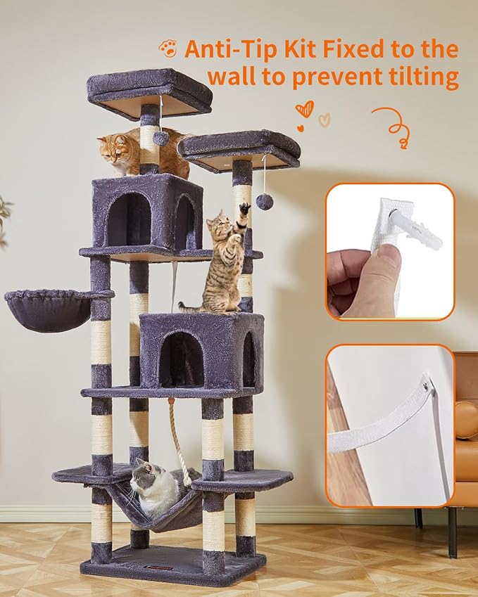 Taoqimiao Cat Tree, 71.7-Inch Cat Tower for Indoor Cats, Plush Multi-Level Cat Condo with 13 Scratching Posts, 2 Perches, 2 Caves, Hammock, 2 Pompoms,Smoky Gray MS013LG-Mewly Pet