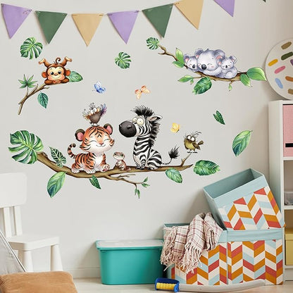 Cartoon Animal Wall Stickers Forest Safari Wall Decals Kid Room Nursery Baby Bedroom Décor (Cute Tiger Zebra)