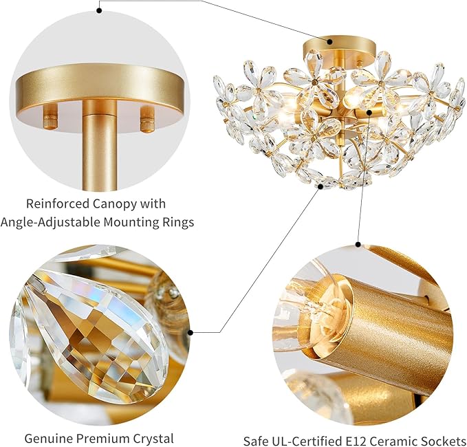WUZUPS Crystal Chandelier Pendant Flushmount Ceiling Light Modern Lighting Fixture for Bedroom Hallway Bar Kitchen Bathroom, H 15.7" x W 17.7", Gold, E12 Base
