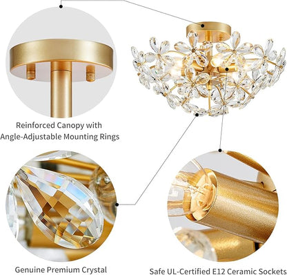WUZUPS Crystal Chandelier Pendant Flushmount Ceiling Light Modern Lighting Fixture for Bedroom Hallway Bar Kitchen Bathroom, H 15.7" x W 17.7", Gold, E12 Base