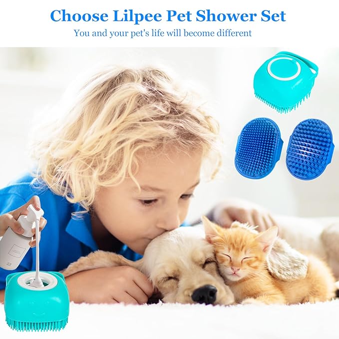 Dog Grooming Brush, Lilpep Pet Shampoo Bath Brush Soothing Massage Rubber Comb with Adjustable Ring Handle for Long Short Haired Dogs and Cats (Blue, set)-Mewly Pet