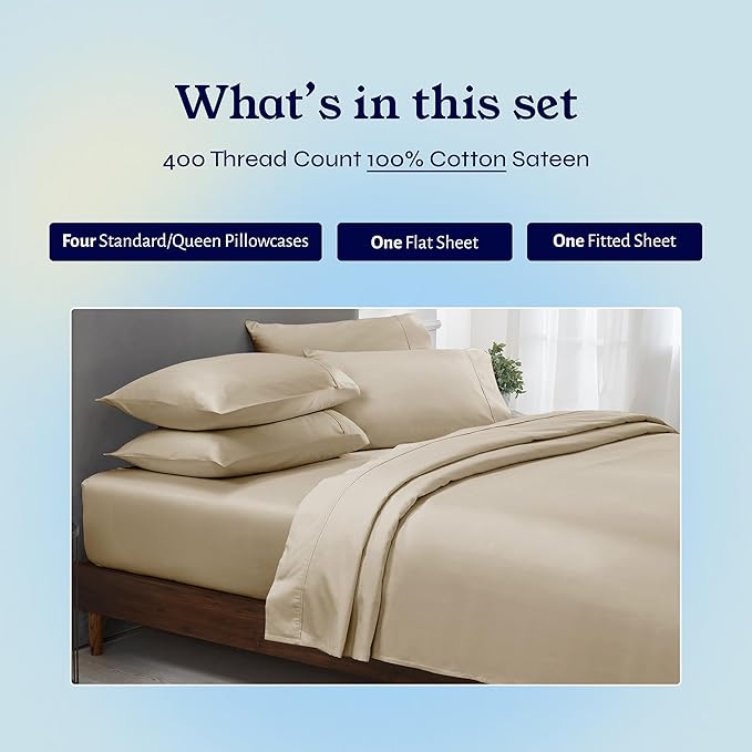 California Design Den 6 Piece Queen Sheet Set with 4 Pillowcases - Soft 400 Thread Count Sateen, 100% Cotton Sheets Queen Size Bed Set with Deep Pockets, Cool and Durable Bedding - Beige (Golden Tone)