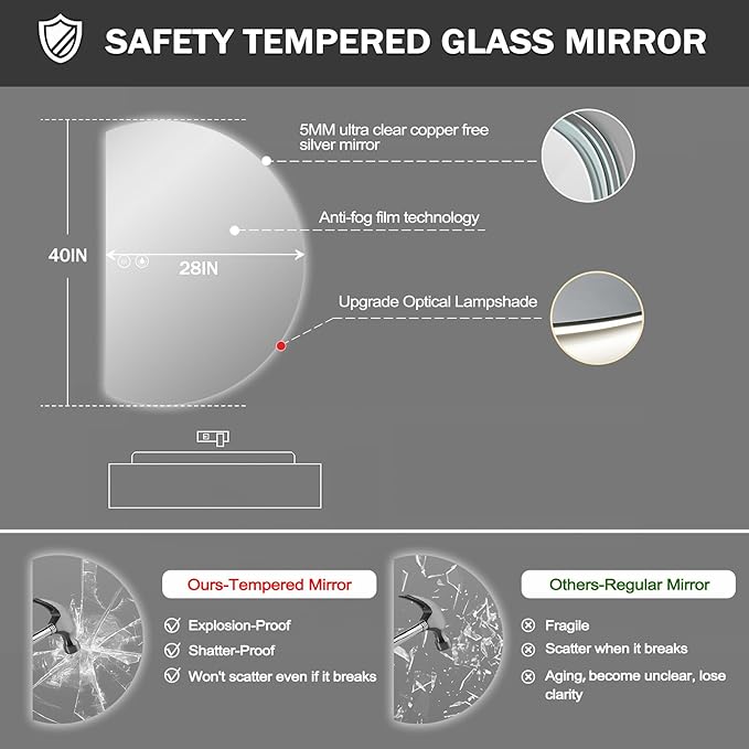 40"×28" LED Bathroom Mirror with Lights, Asymmetrical Smart Vanity Mirrors Wall-Mounted with Backlit, Anti-Fog Half Moon Mirror, Stepless Dimmable-3 Colors-Tempered Glass