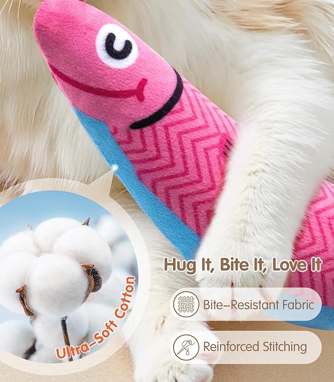 Interactive Cat Toys with[5000mg Premium A+Catnip][Baby Grade] Soft Chew Kicker Cat Toys for Indoor Cats & Kittens, Crinkle &Rattle Fish Sound Toy, Drives Bored Cats Crazy with Fun,3 Pack-Mewly Pet