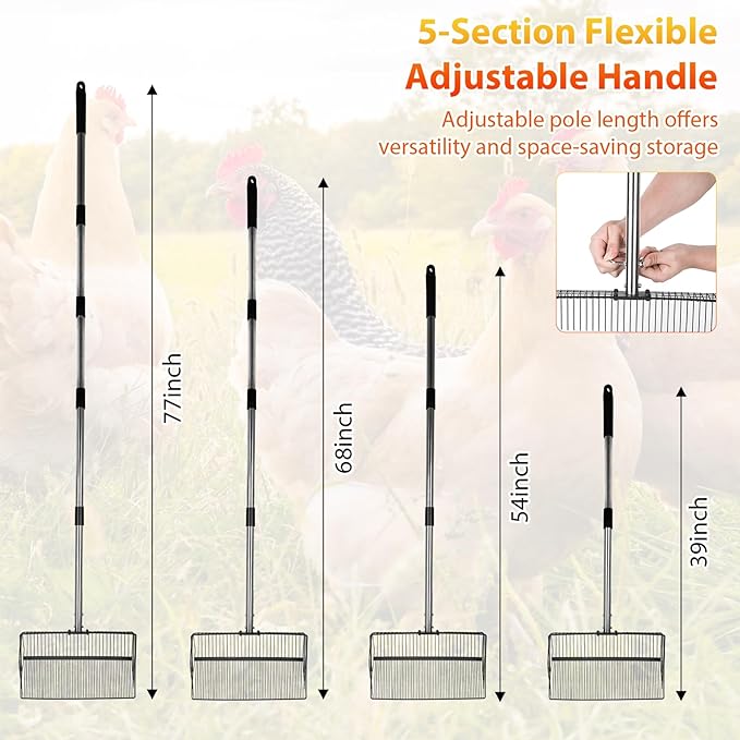 OZRVYNDAREL15 Heavy Duty Chicken Poop Scooper - All Metal Adjustable Handle (39" to 77"), Stainless Steel Sifting Shovel for Coop Cleaning, Small Mesh Design for Fine Waste, Includes Non-Slip Gloves-Mewly Pet