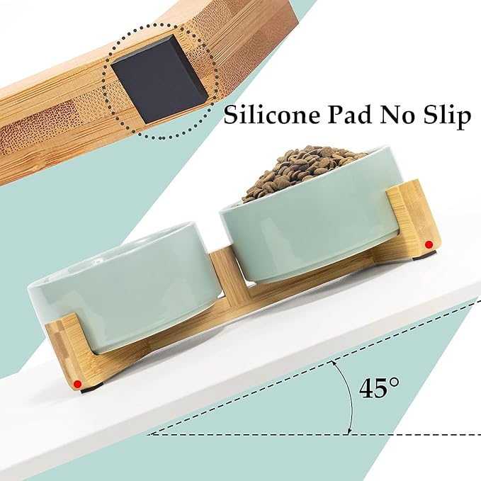 SPUNKYJUNKY Ceramic Dog and Cat Bowl Set with Wooden Stand, Modern Cute Weighted Food Water Set for Small Size Dogs (13.5OZ) & Medium Sized Dogs (28.7OZ) & Cats (3.6 Cups, 2 × Morandi Green)-Mewly Pet