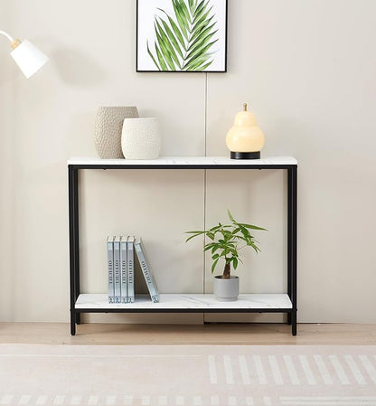 loglus Console Table for Entryway, Faux Marble MDF Sofa Table with Golden Frame (Double Layer, Black Frame)