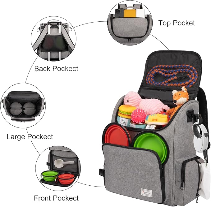 Modoker Dog Travel Bag Backpack, Airline Approved Pet Accessories Organizer for Dog and Cat with Shoulder Strap, 2 Dog Food Storage Containers, 2 Collapsible Dog Bowls,1 Pet Mat, Grey-Mewly Pet