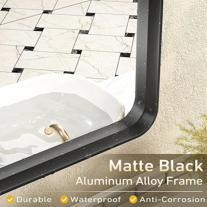 48x36 Matte Black Bathroom Mirror, Modern Rectangle Metal Framed Mirrors for Wall, Rounded Corners, Shatter-Proof (Horizontal/Vertical)